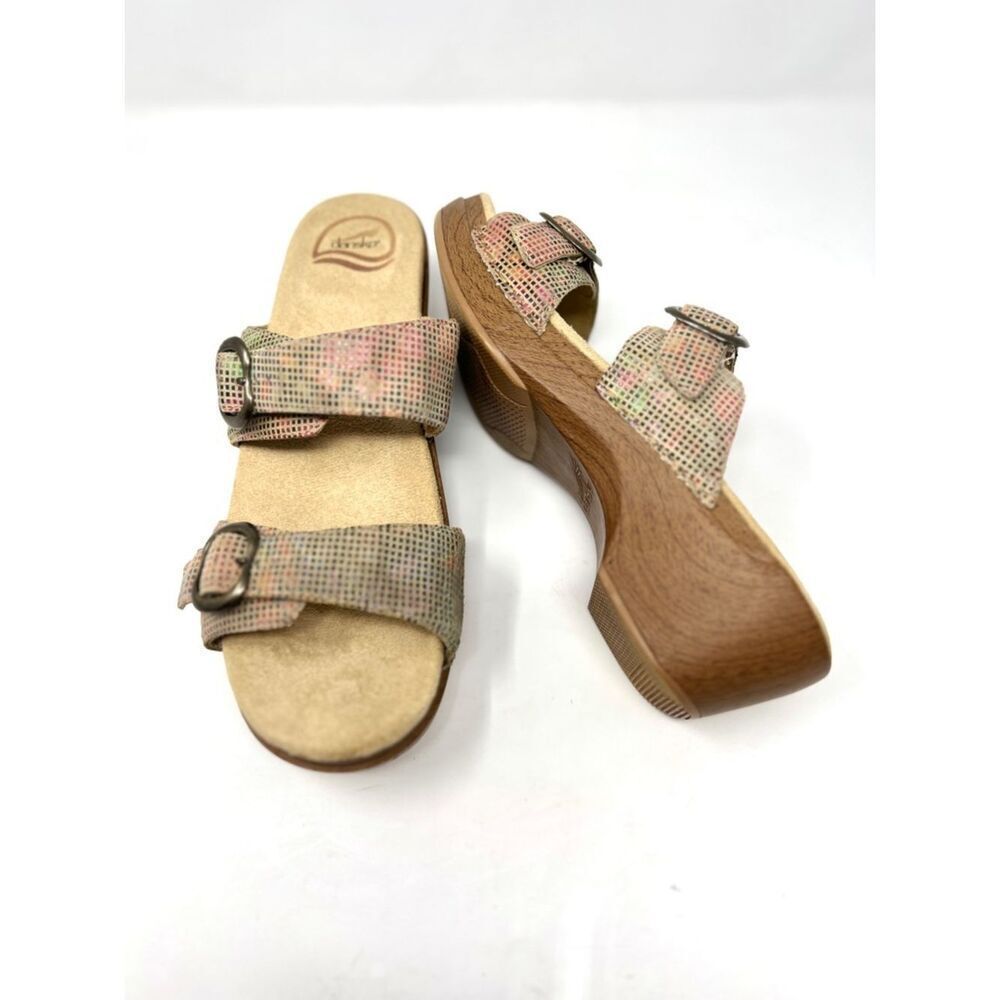 Dansko Sophie Sandals Stained Glass Sand Leather Buckle Wedge Slide Size 41